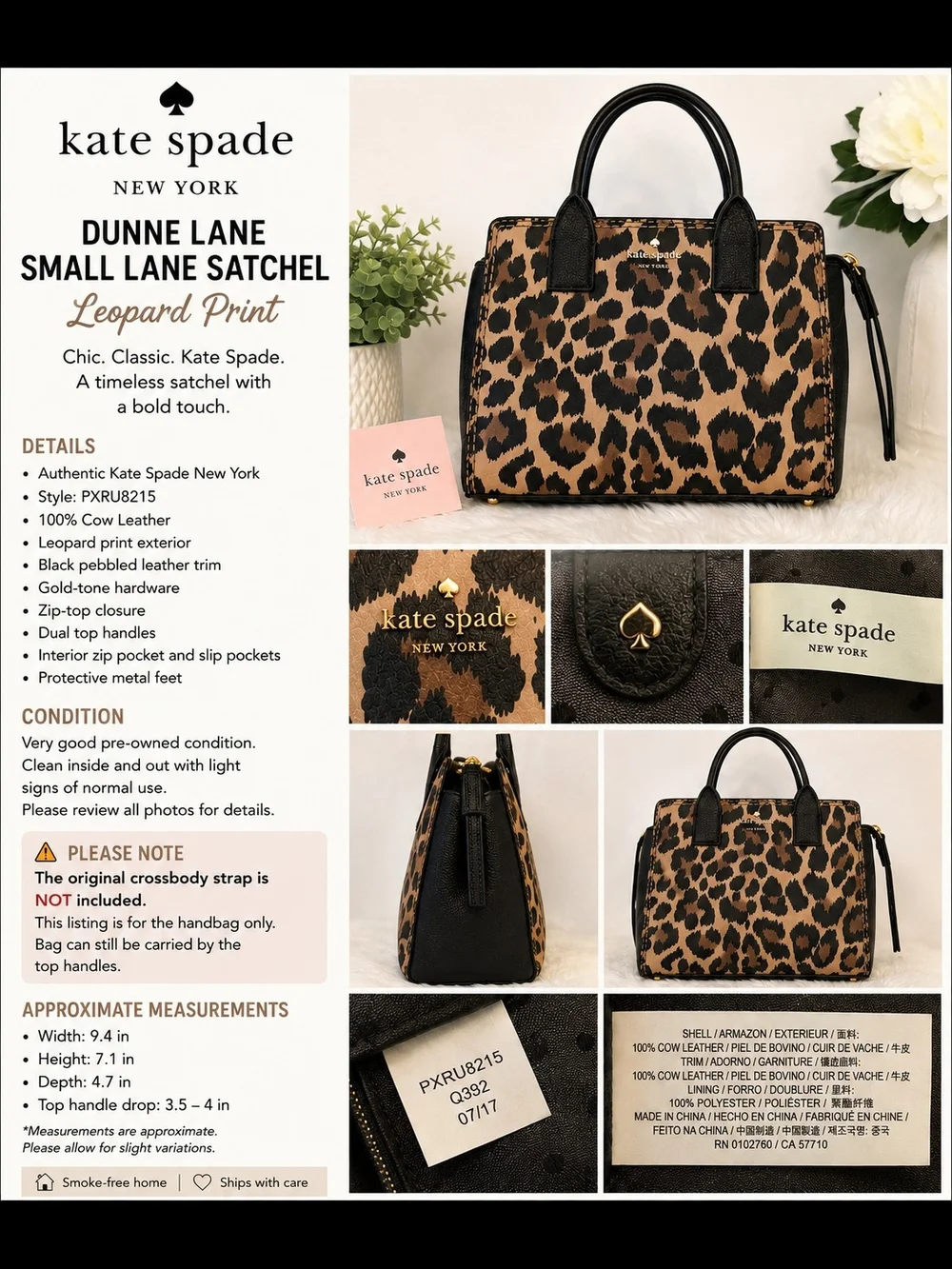Kate Spade New York Dunne Lane Leopard Print Leather Satchel Handbag Purse